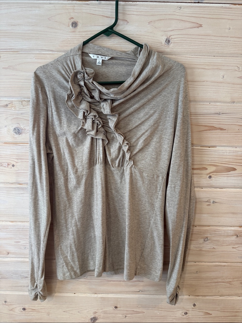 CAbi Taupe Ruffle-Accent Long Sleeve Top